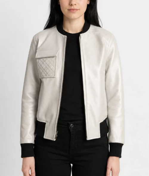 Womens Quilted Pocket Leather Bomber Jacket - Front