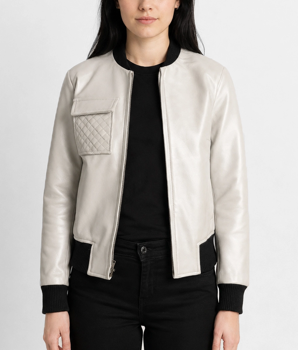 Womens Quilted Pocket Leather Bomber Jacket - Front