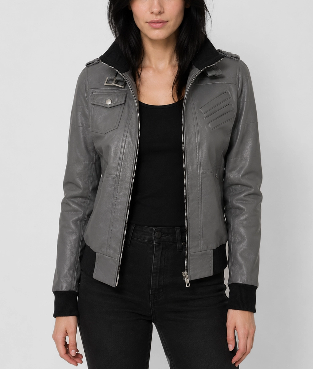 Womens Storm Grey Leather Hooded Bomber Jacket - Front 2