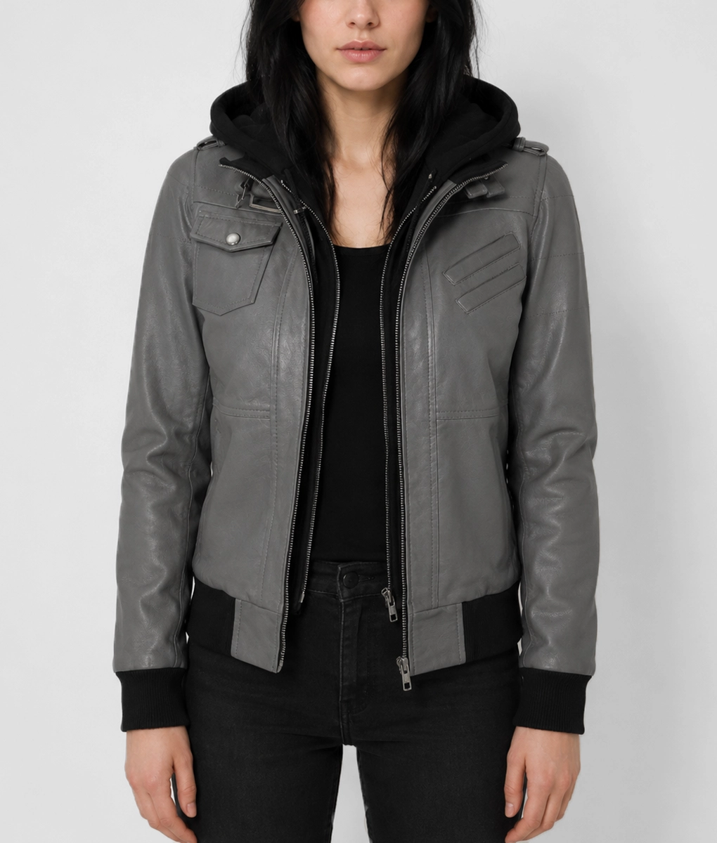 Womens Storm Grey Leather Hooded Bomber Jacket - Front