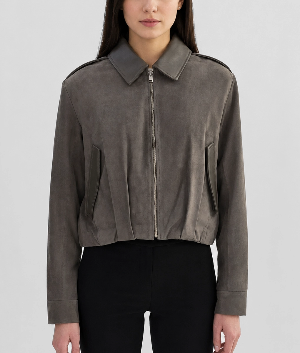 Womens Suede Cropped Bomber Jacket - Front
