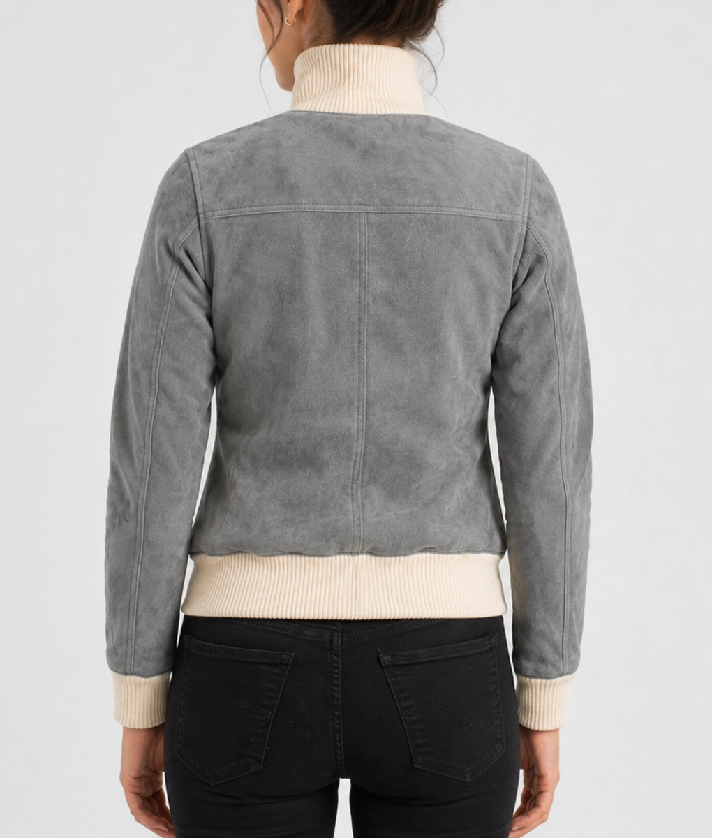 Womens Textured Grey Suede Leather Bomber Jacket - Back