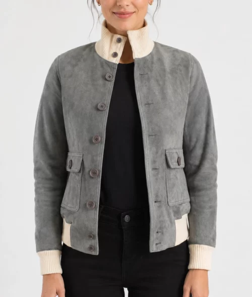 Womens Textured Grey Suede Leather Bomber Jacket - Front