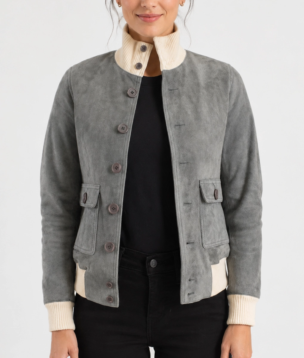 Womens Textured Grey Suede Leather Bomber Jacket - Front