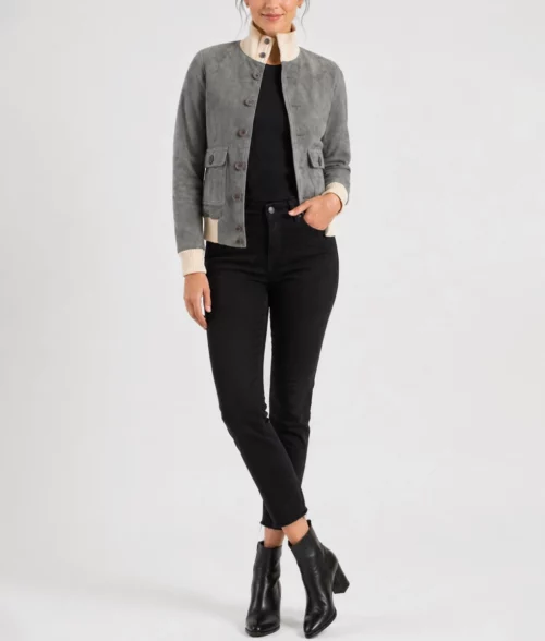 Womens Textured Grey Suede Leather Bomber Jacket - Full 1