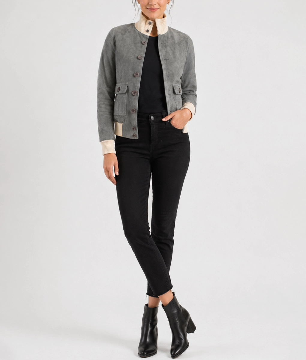 Womens Textured Grey Suede Leather Bomber Jacket - Full 1