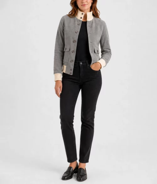 Womens Textured Grey Suede Leather Bomber Jacket - Full 2