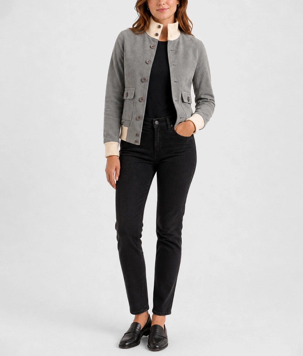 Womens Textured Grey Suede Leather Bomber Jacket - Full 2