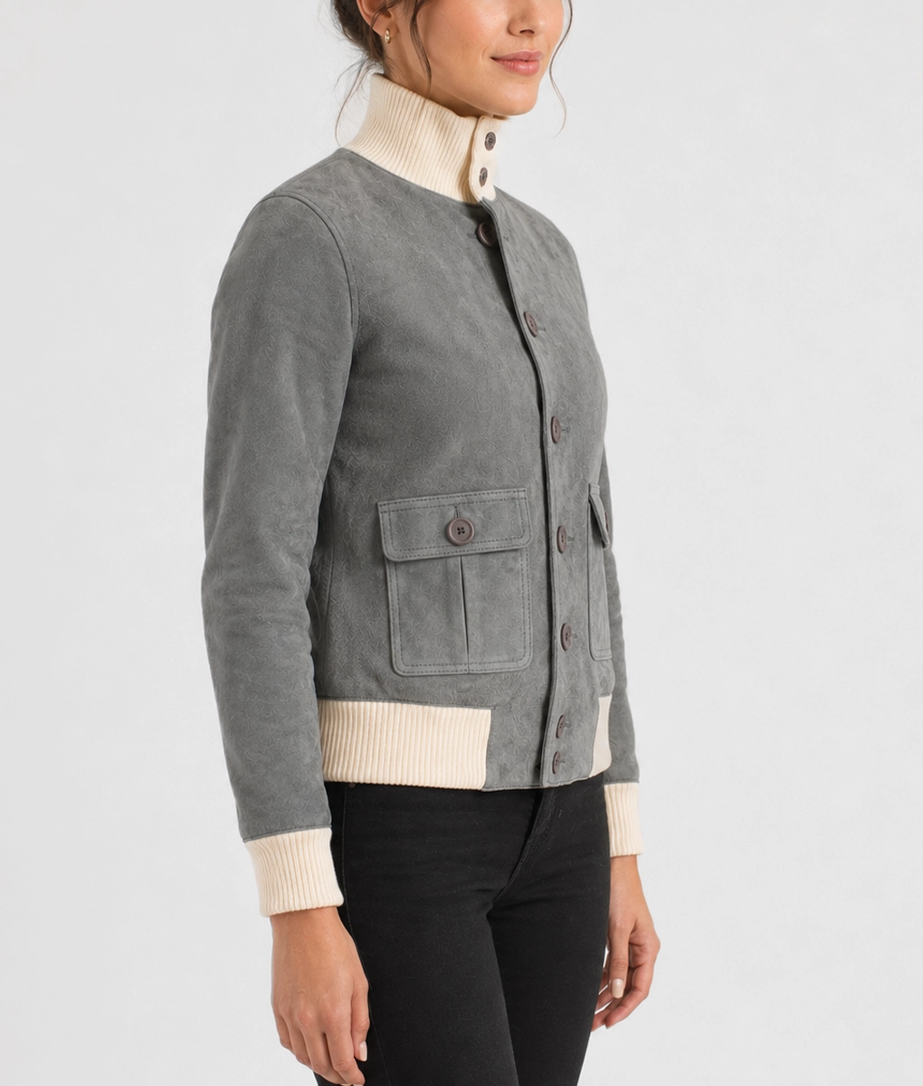 Womens Textured Grey Suede Leather Bomber Jacket - Side