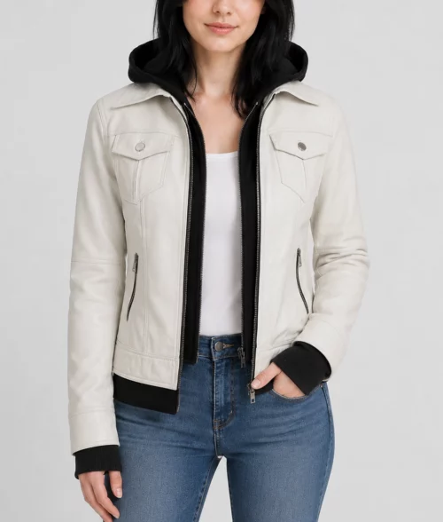 Womens White Leather Moto Jacket - Front 3