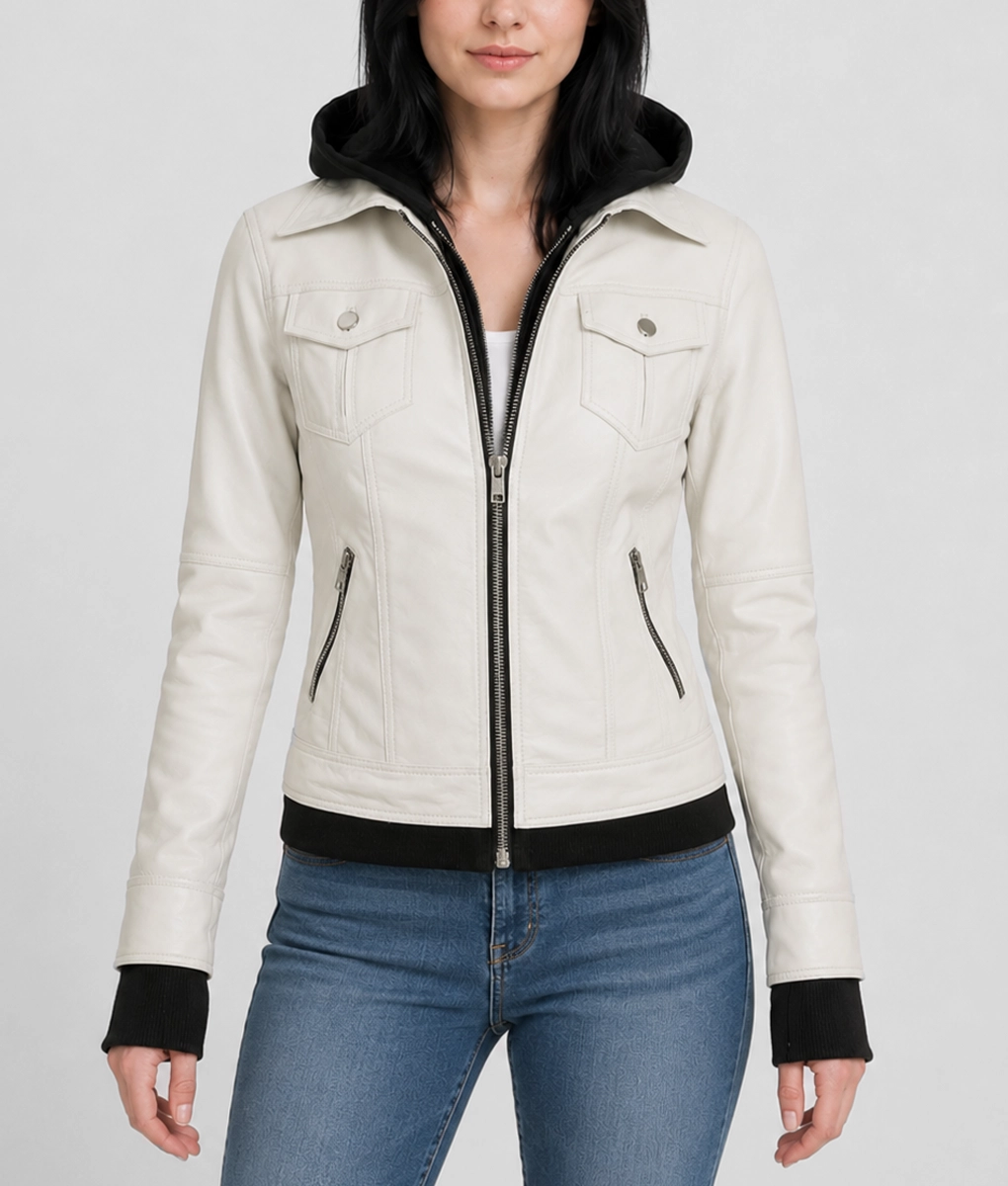 Womens White Leather Moto Jacket - Front