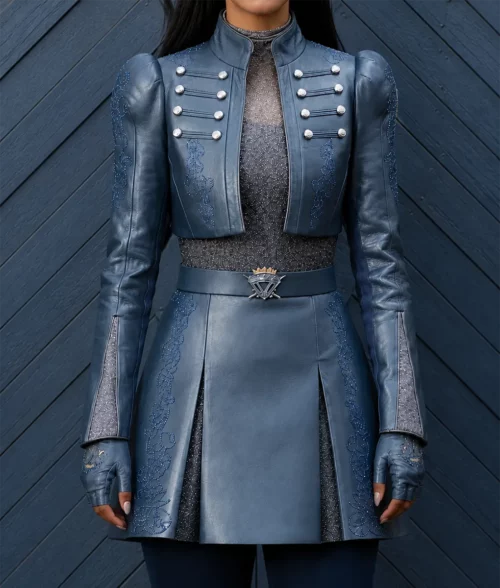 Malia Baker Blue Cropped Leather Jacket - Front