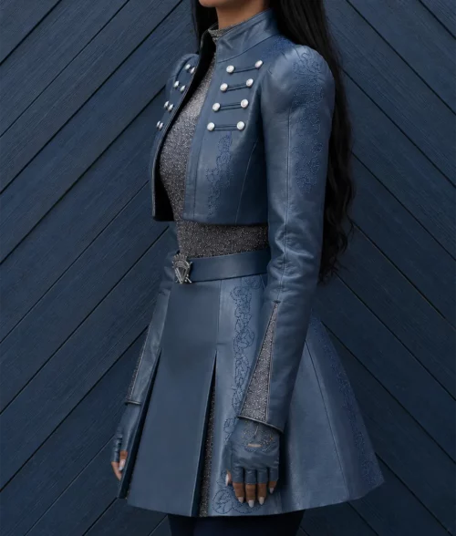 Malia Baker Blue Cropped Leather Jacket - Side