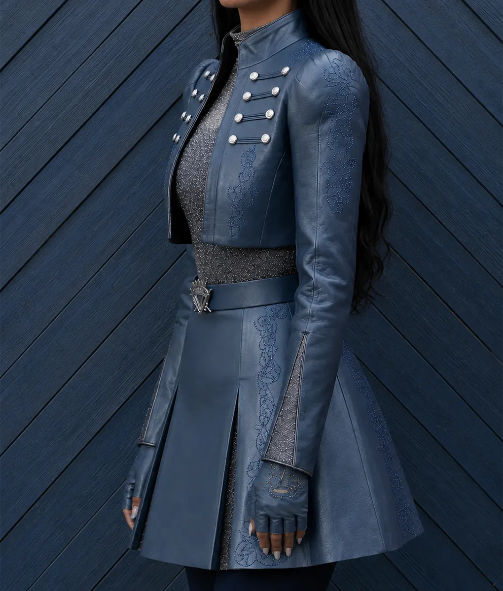 Malia Baker Blue Cropped Leather Jacket - Side