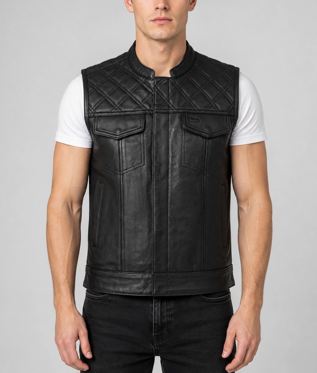 Mens Black Quilted Leather Motorcycle Vest - Front
