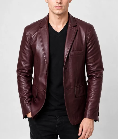 Mens Burgundy Luxury Leather Blazer - Front
