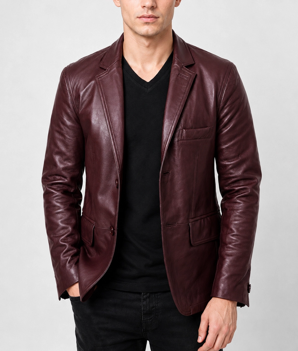 Mens Burgundy Luxury Leather Blazer - Front