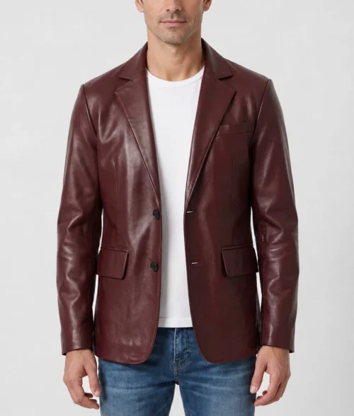 Mens Burgundy Real Leather Blazer - Front