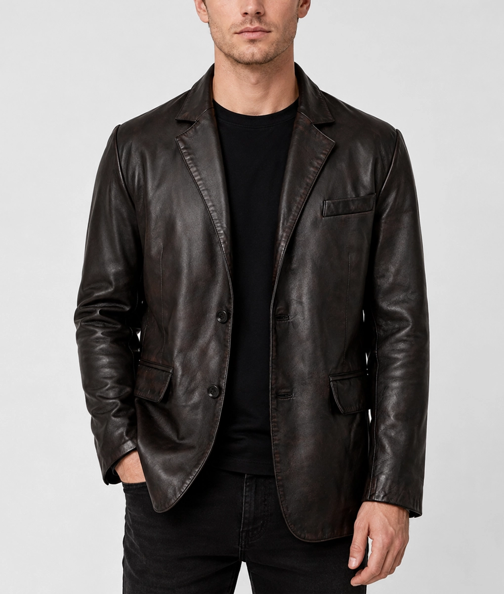 Mens Classic Dark Brown Leather Blazer - Front
