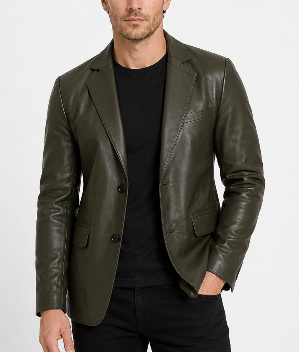Mens Dark Olive Green Leather Blazer - Front 1