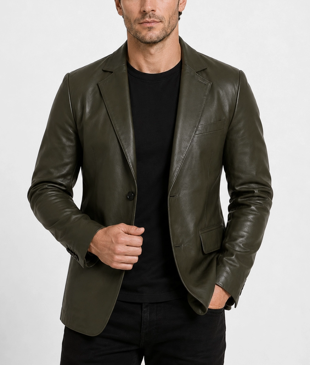 Mens Dark Olive Green Leather Blazer - Front 2