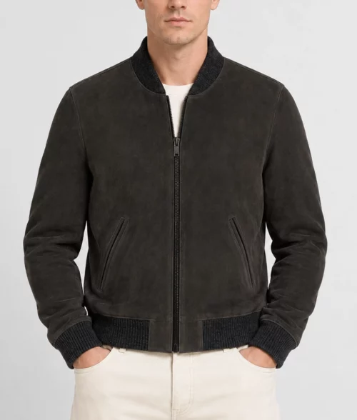 Mens Dark Olive Suede Bomber Jacket - Front