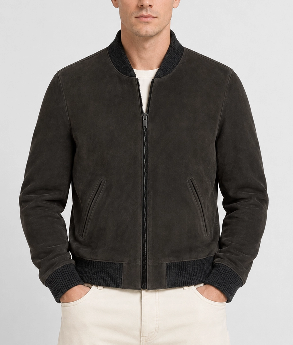 Mens Dark Olive Suede Bomber Jacket - Front
