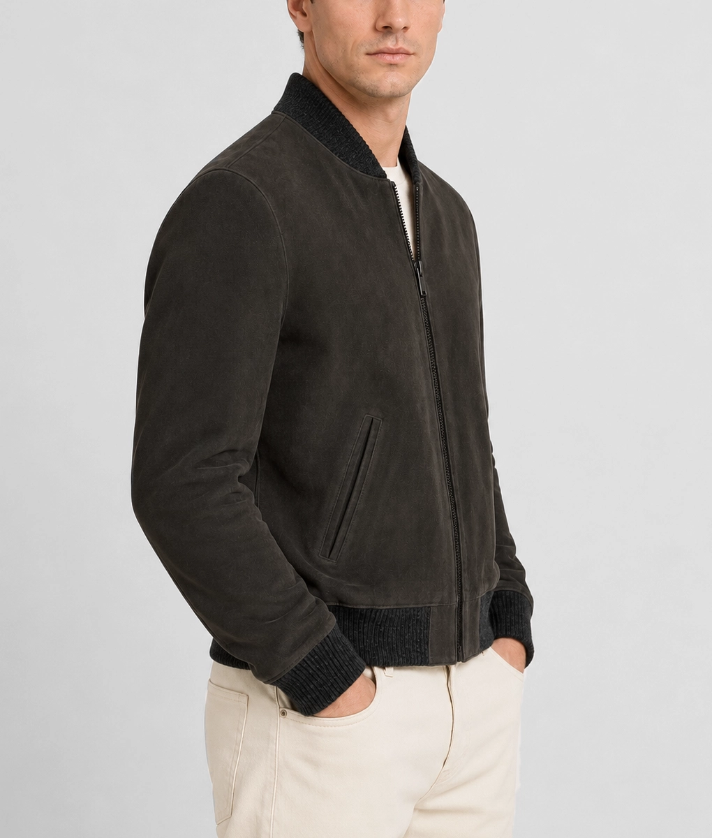 Mens Dark Olive Suede Bomber Jacket - Side