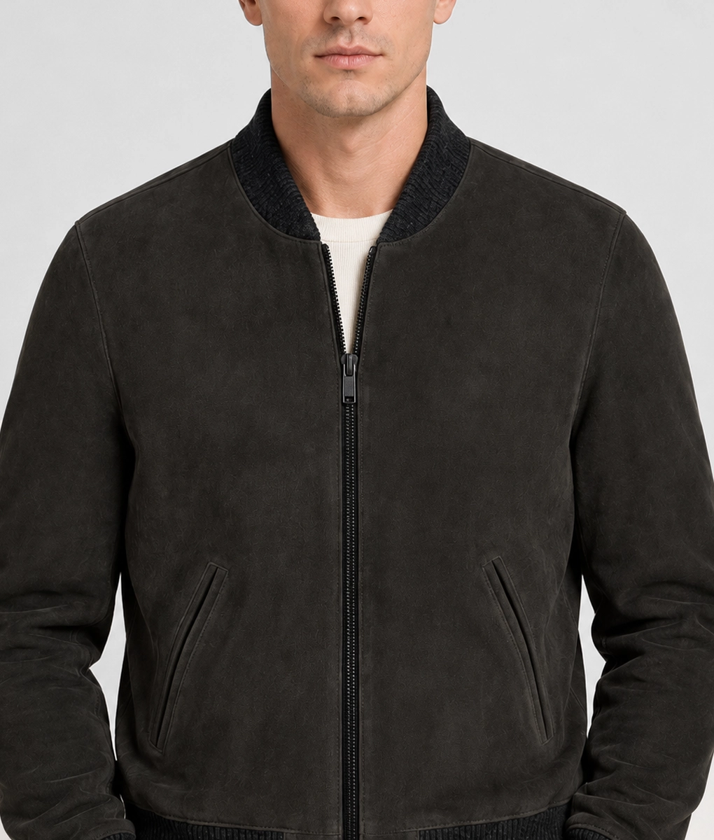 Mens Dark Olive Suede Bomber Jacket - Zoom