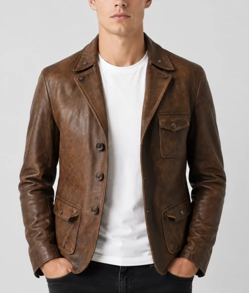 Mens Distresed Brown Leather Utility Blazer - Front 2