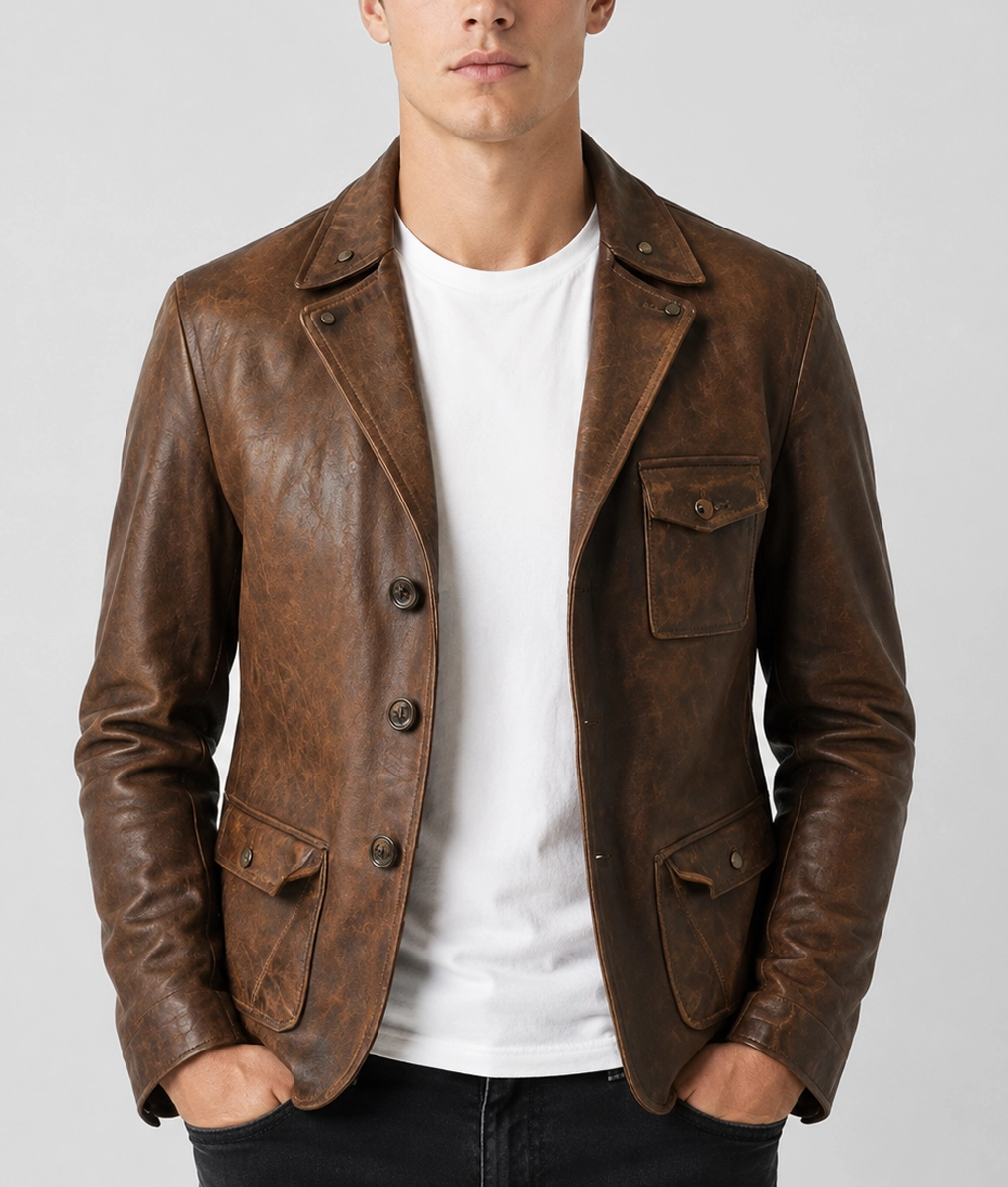 Mens Distresed Brown Leather Utility Blazer - Front 2