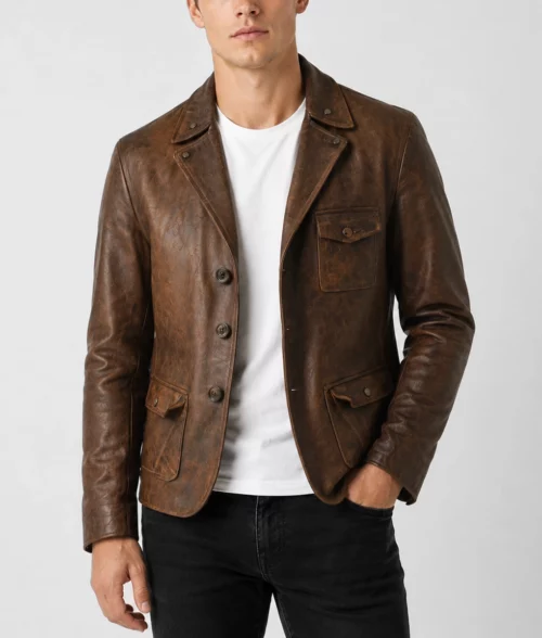 Mens Distresed Brown Leather Utility Blazer - Front