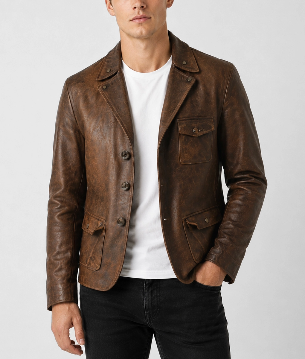 Mens Distresed Brown Leather Utility Blazer - Front
