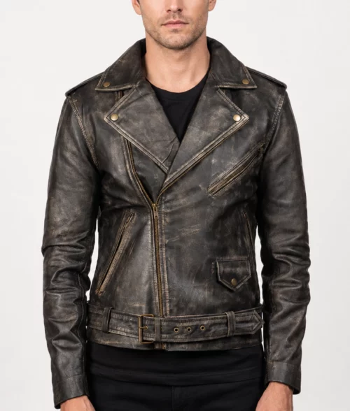 Mens Distressed Dark Brown Leather Double Rider Jacket - Front