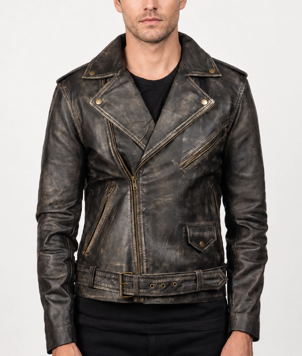 Mens Distressed Dark Brown Leather Double Rider Jacket - Front