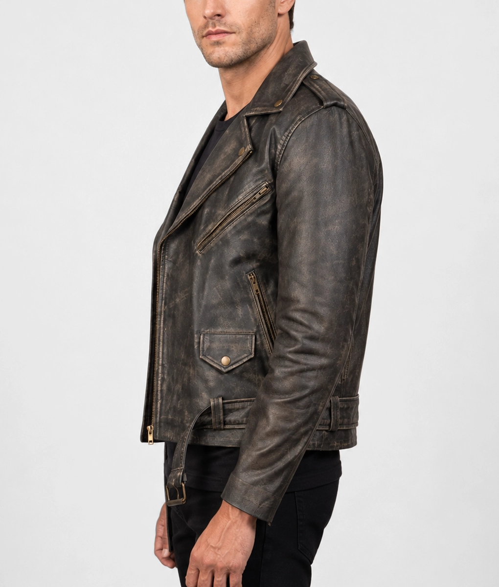 Mens Distressed Dark Brown Leather Double Rider Jacket - Side