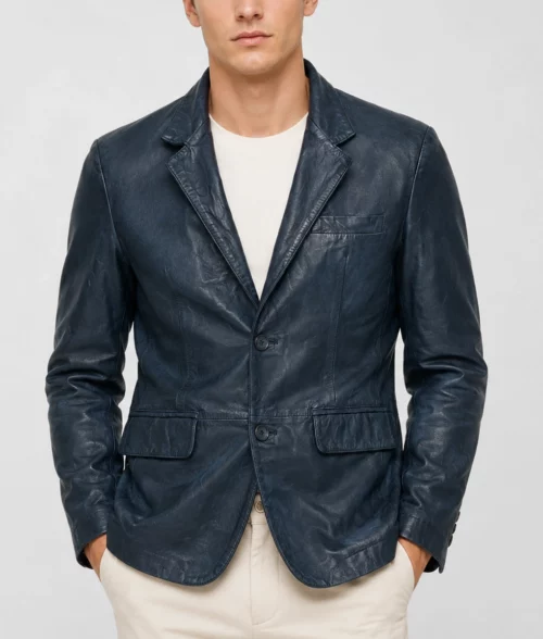 Mens Distressed Navy Blue Leather Blazer - Front