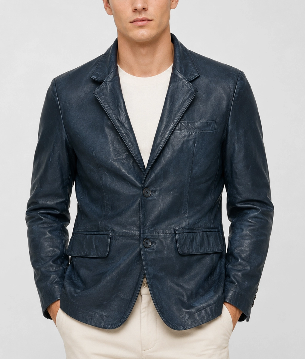 Mens Distressed Navy Blue Leather Blazer - Front