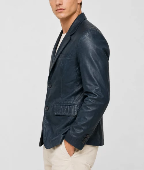 Mens Distressed Navy Blue Leather Blazer - Side