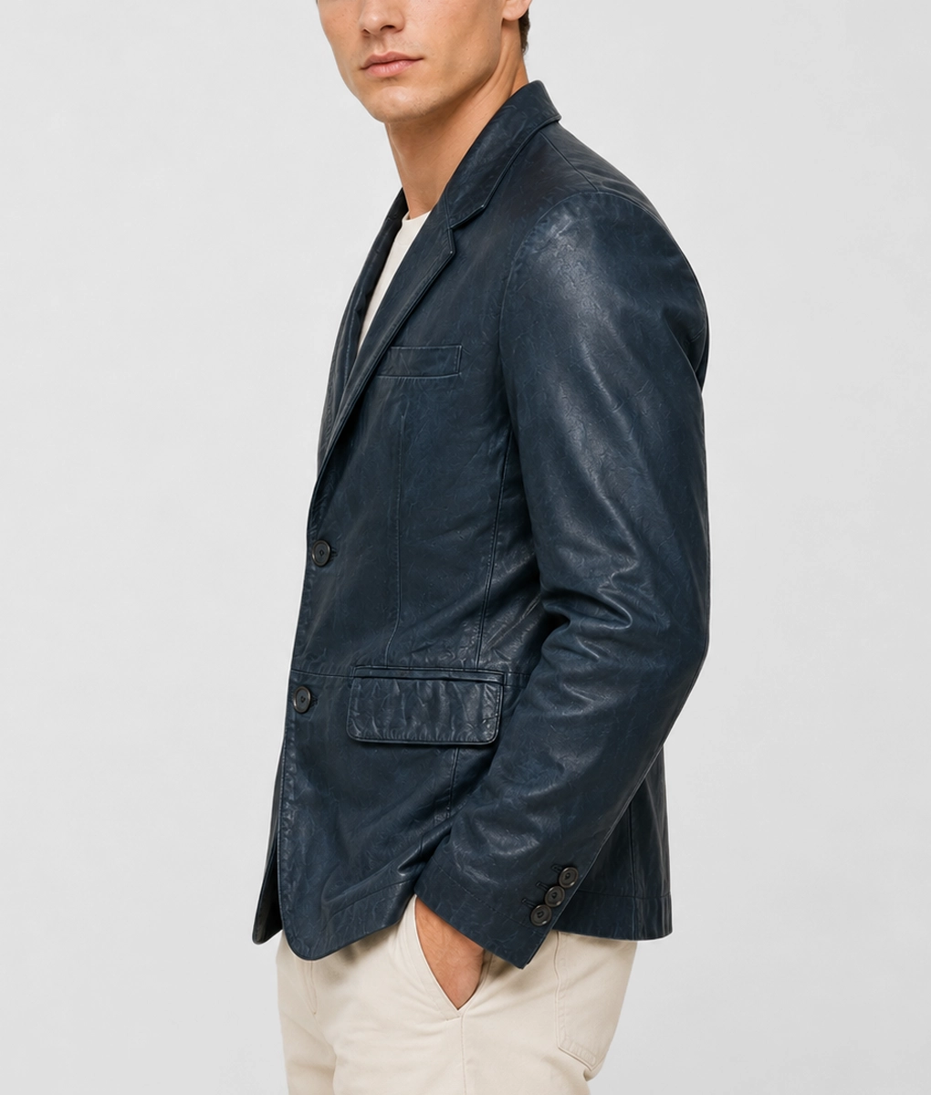Mens Distressed Navy Blue Leather Blazer - Side