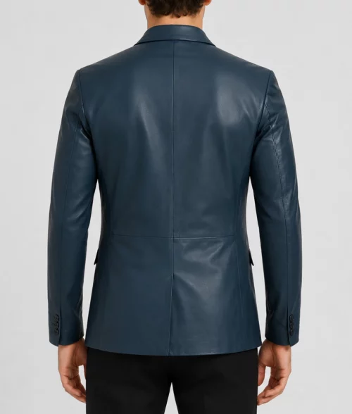 Mens Elegant Navy Blue Leather Blazer - Back