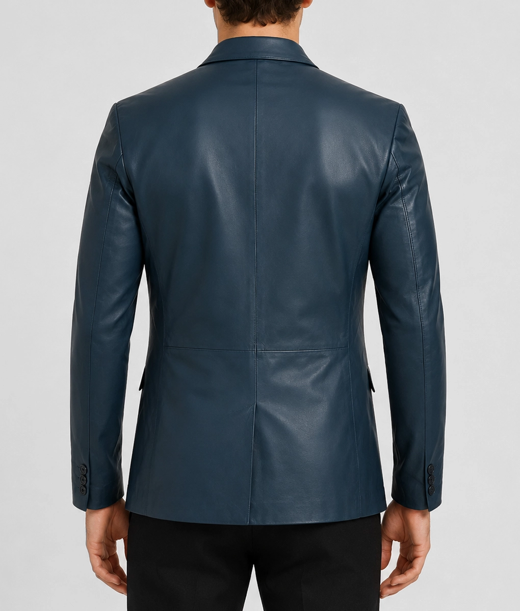 Mens Elegant Navy Blue Leather Blazer - Back