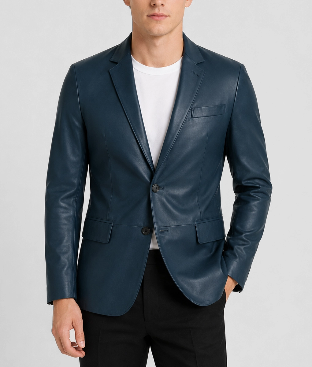 Mens Elegant Navy Blue Leather Blazer - Front