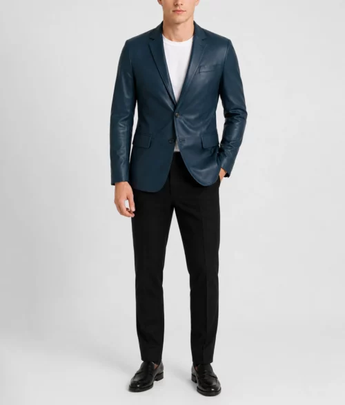 Mens Elegant Navy Blue Leather Blazer - Full
