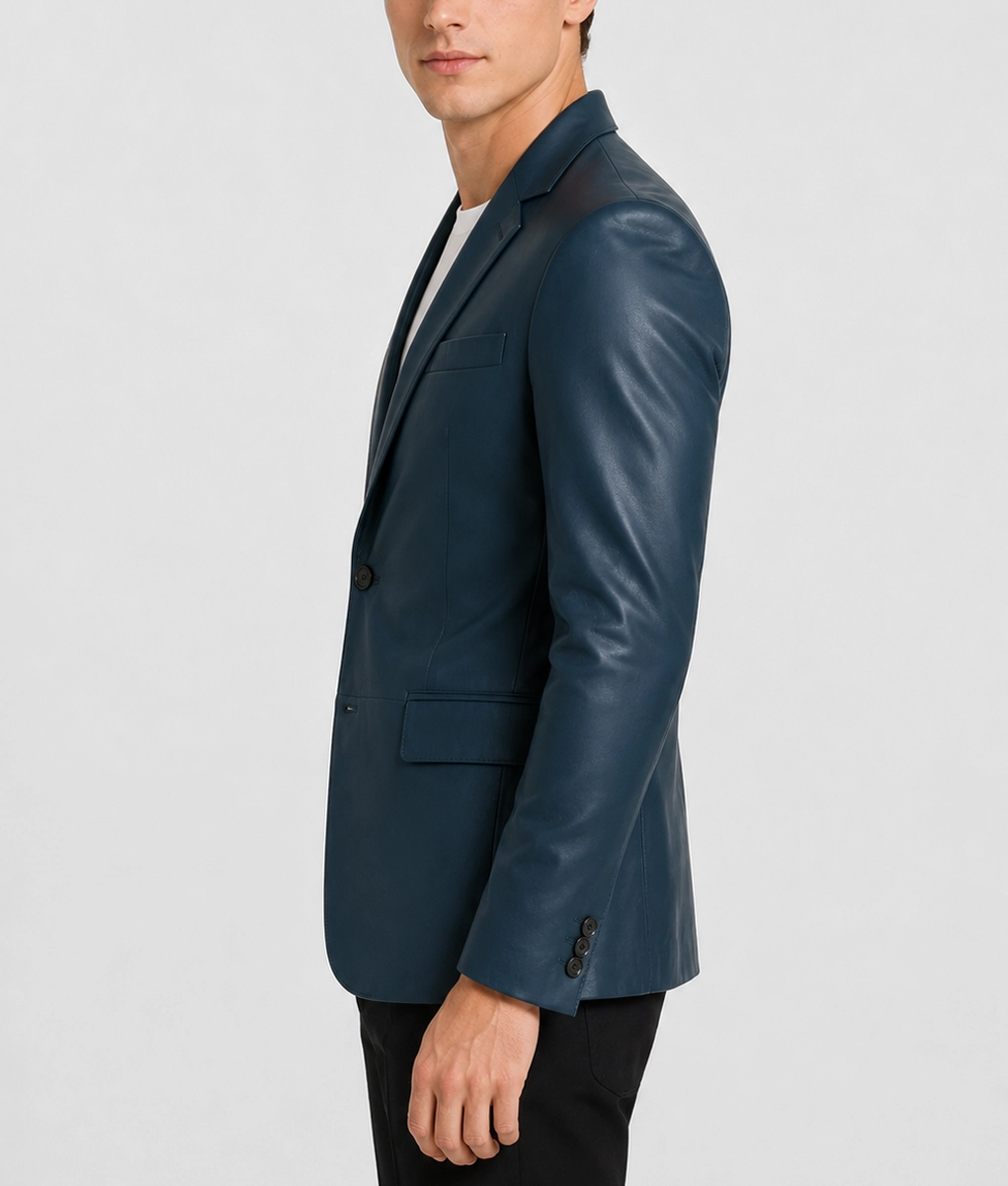 Mens Elegant Navy Blue Leather Blazer - Side