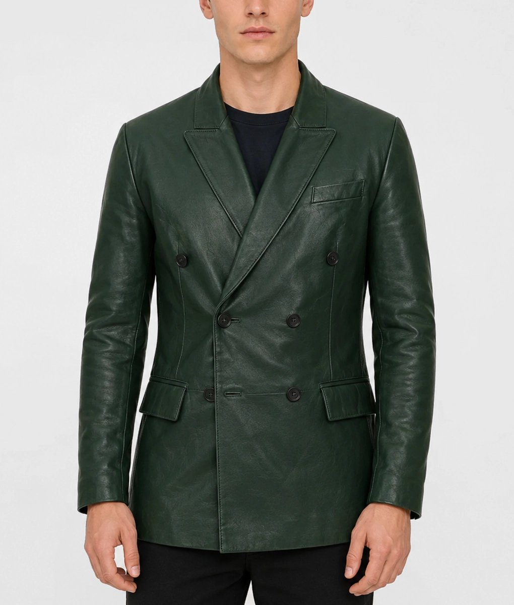 Mens Forest Green Double Breasted Leather Blazer - Front