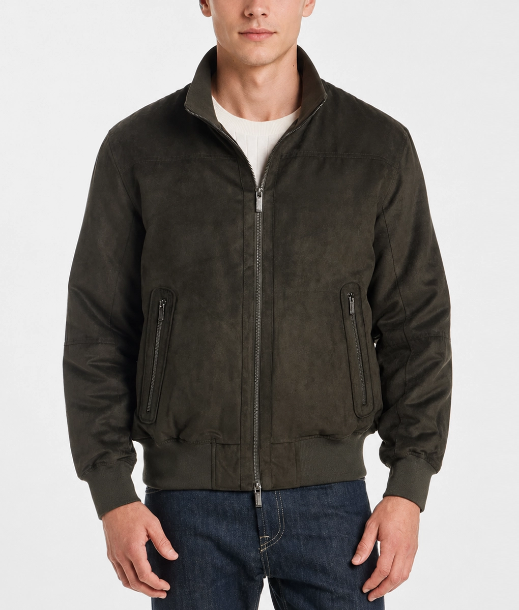 Mens Lightweight Olive Suede Jacket - Front