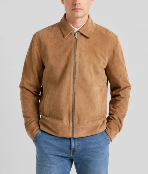 Mens Luxury Tan Suede Leather Jacket - Front
