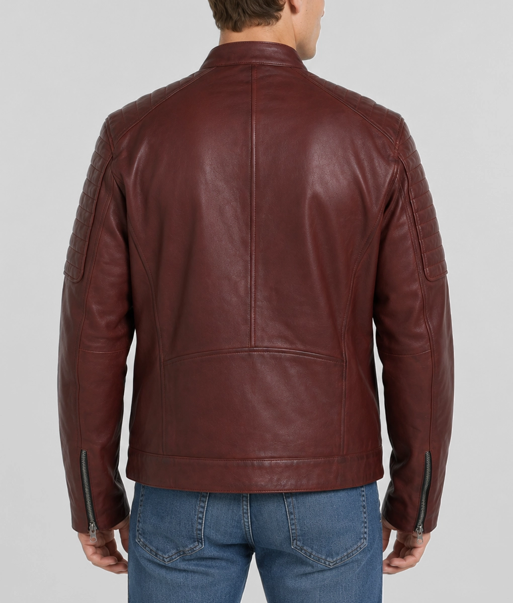 Mens Maroon Café Racer Leather Jacket - Back