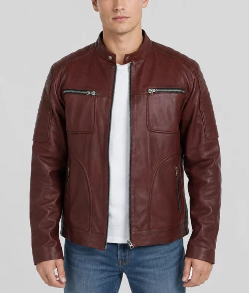 Mens Maroon Café Racer Leather Jacket - Front